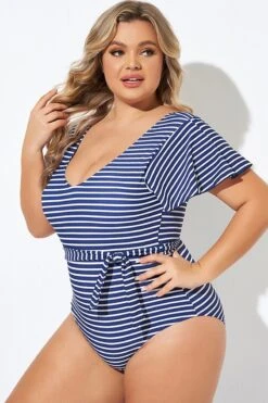Blue And White Stripe Women One Piece Swimsuit 13 Blue And White Stripe Women One Piece Swimsuit -Meetcurve Shop b deop124005 5