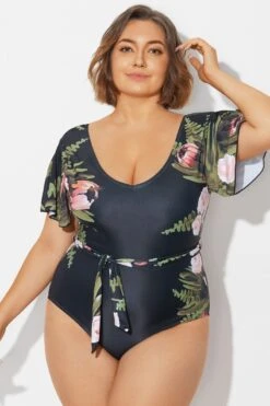 Floral Print Ruffle Sleeves One Piece Swimsuit -Meetcurve Shop b deop124007 3