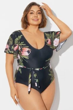 Floral Print Ruffle Sleeves One Piece Swimsuit -Meetcurve Shop b deop124007 6