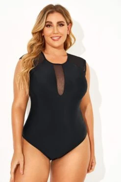 Black Sexy Mesh Shoulder One Piece Swimsuit -Meetcurve Shop b deop143001 1