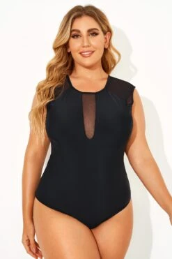 Black Sexy Mesh Shoulder One Piece Swimsuit -Meetcurve Shop b deop143001 6
