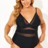 Black Mesh V-neck Women One Piece Swimsuit -Meetcurve Shop b deop145001 1