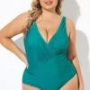 Green Shape Cross-over Shirred One Piece Swimsuit -Meetcurve Shop b deop147003 1 1