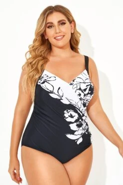 Black & White Flower Printed One Piece Swimsuit -Meetcurve Shop b deop148001 2