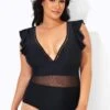 Black Ruffle Plunge V Neck One Piece Swimsuit -Meetcurve Shop b deop164001 1