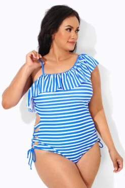 Blue & White Striped Adjustable Strap One Piece Swimsuit 9 Blue & White Striped Adjustable Strap One Piece Swimsuit -Meetcurve Shop b deop166001 3