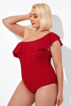 Red One Shoulder Ruffle One Piece Swimsuit -Meetcurve Shop b deop172001 3