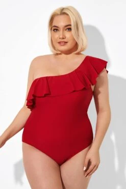 Red One Shoulder Ruffle One Piece Swimsuit -Meetcurve Shop b deop172001 4