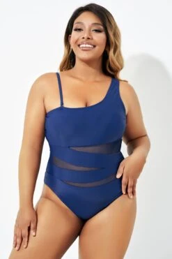 Navy Blue One Shoulder Mesh One Piece Swimsuit -Meetcurve Shop b deop181002 4