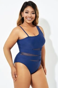 Navy Blue One Shoulder Mesh One Piece Swimsuit -Meetcurve Shop b deop181002 6