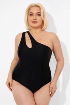 Black Cut Out One Shoulder One Piece Swimsuit -Meetcurve Shop b deop182001 4