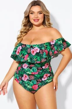 Floral Print Bandeau Off The Shoulder Ruffle One Piece Swimsuit -Meetcurve Shop b deop183006 1