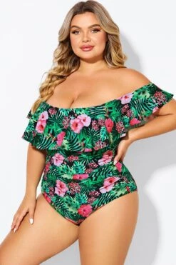 Floral Print Bandeau Off The Shoulder Ruffle One Piece Swimsuit -Meetcurve Shop b deop183006 4