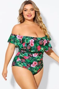 Floral Print Bandeau Off The Shoulder Ruffle One Piece Swimsuit -Meetcurve Shop b deop183006 5