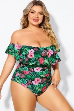 Floral Print Bandeau Off The Shoulder Ruffle One Piece Swimsuit -Meetcurve Shop b deop183006 6