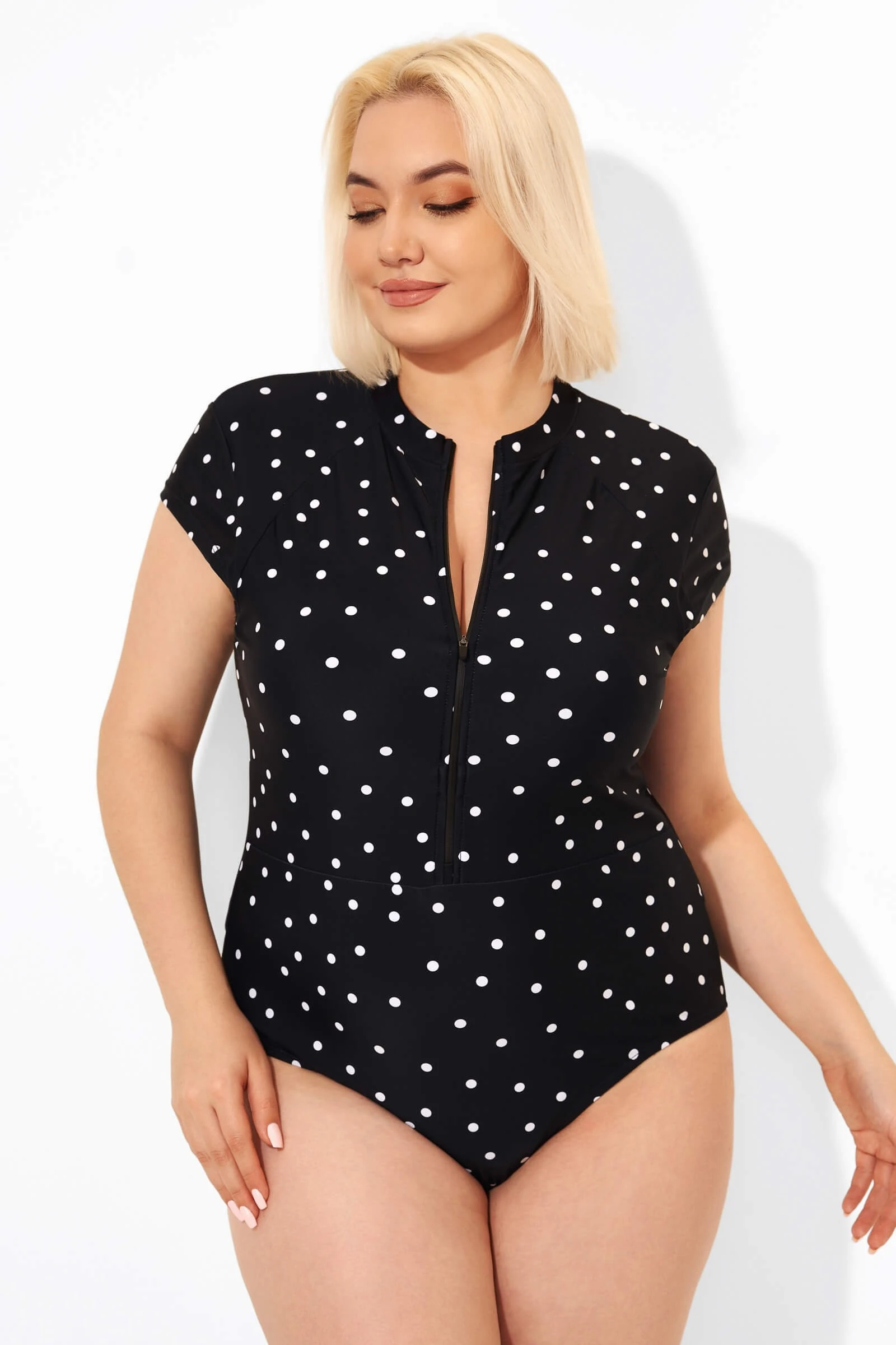 Polka Dots Zipper One Piece Swimsuit With Cap Sleeves 3 Polka Dots Zipper One Piece Swimsuit With Cap Sleeves