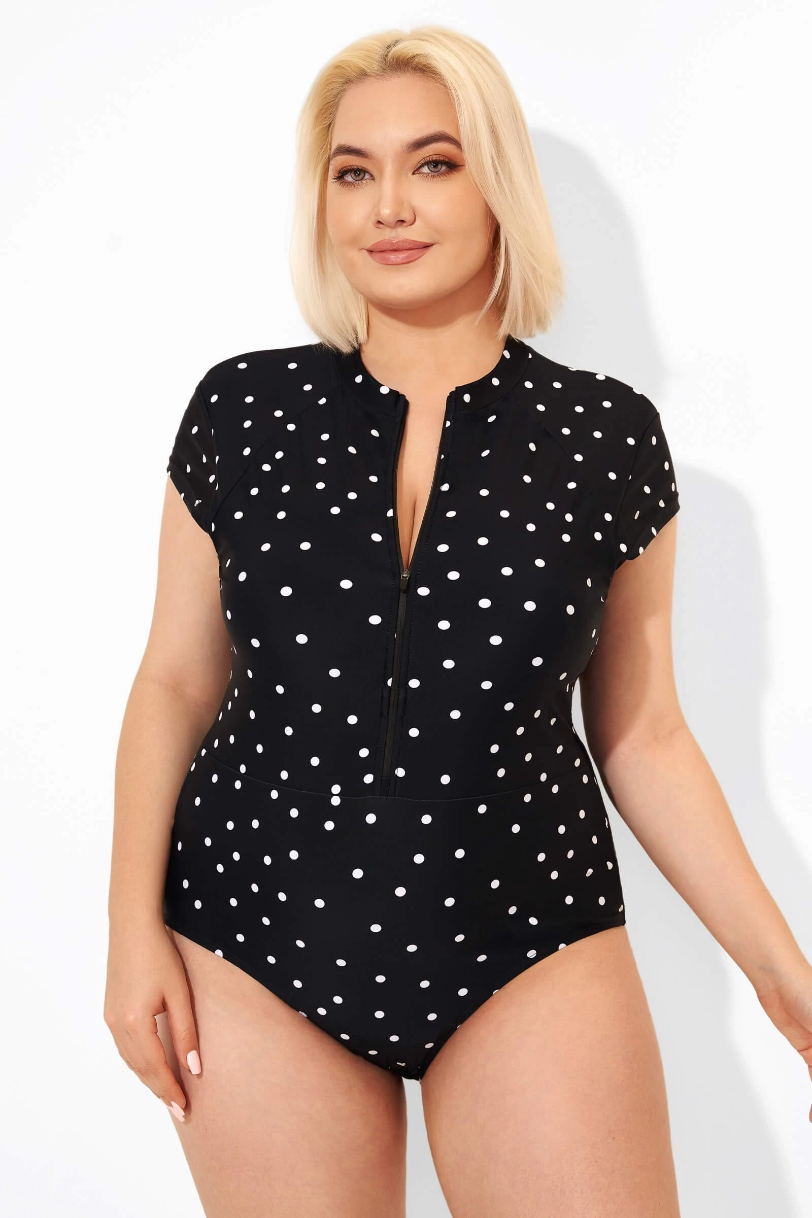 Polka Dots Zipper One Piece Swimsuit With Cap Sleeves 6 Polka Dots Zipper One Piece Swimsuit With Cap Sleeves - Image 4