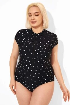 Polka Dots Zipper One Piece Swimsuit With Cap Sleeves 12 Polka Dots Zipper One Piece Swimsuit With Cap Sleeves -Meetcurve Shop b deop187001 6