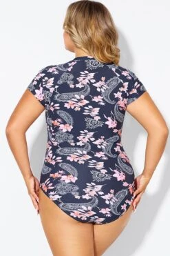 Pink Floral Tummy Control Cap Sleeves One Piece Swimsuit -Meetcurve Shop b deop187002 2