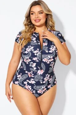 Pink Floral Tummy Control Cap Sleeves One Piece Swimsuit -Meetcurve Shop b deop187002 3