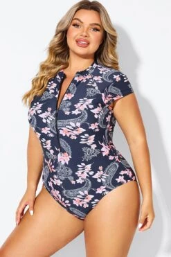 Pink Floral Tummy Control Cap Sleeves One Piece Swimsuit -Meetcurve Shop b deop187002 4