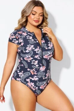 Pink Floral Tummy Control Cap Sleeves One Piece Swimsuit -Meetcurve Shop b deop187002 5
