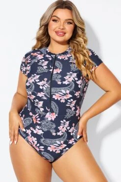 Pink Floral Tummy Control Cap Sleeves One Piece Swimsuit -Meetcurve Shop b deop187002 6