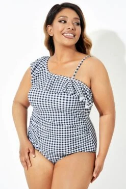 Black & White Gingham One-Shoulder One Piece Swimsuit -Meetcurve Shop b deop190001 4