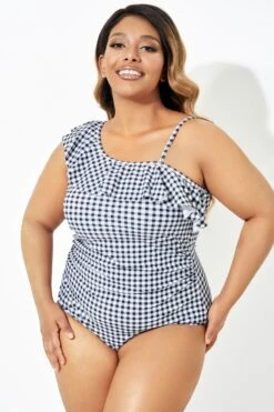 Black & White Gingham One-Shoulder One Piece Swimsuit -Meetcurve Shop b deop190001 5