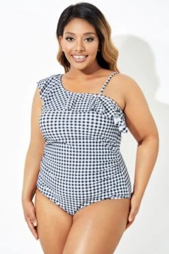 Black & White Gingham One-Shoulder One Piece Swimsuit -Meetcurve Shop b deop190001 6