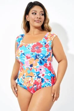 Floral Tummy Control Cap Sleeve One Piece Swimsuit