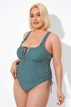 Green Stripe Center-front Keyhole One Piece Swimsuit -Meetcurve Shop b deop198001 4