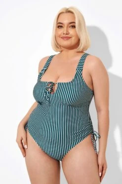 Green Stripe Center-front Keyhole One Piece Swimsuit -Meetcurve Shop b deop198001 5