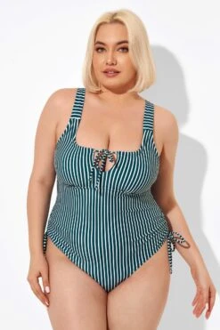Green Stripe Center-front Keyhole One Piece Swimsuit -Meetcurve Shop b deop198001 6
