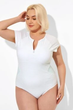 Blue & White Stripe One Piece Swimsuit With Sleeves -Meetcurve Shop b deop201001 3