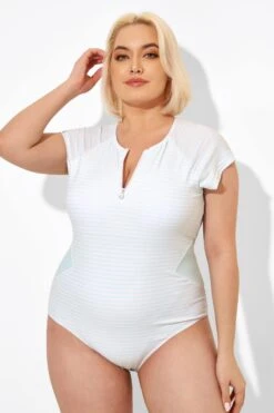 Blue & White Stripe One Piece Swimsuit With Sleeves -Meetcurve Shop b deop201001 4