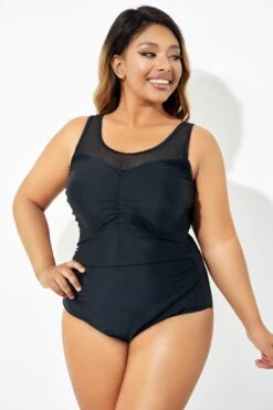 Black Mesh Ruching Tummy Control One Piece Swimsuit -Meetcurve Shop b deop209001 3