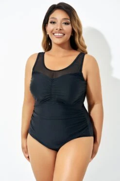 Black Mesh Ruching Tummy Control One Piece Swimsuit -Meetcurve Shop b deop209001 4