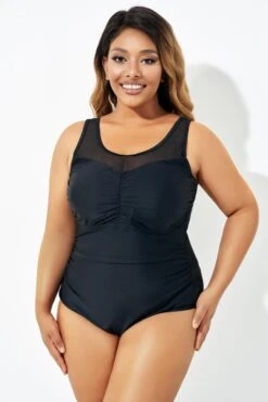 Black Mesh Ruching Tummy Control One Piece Swimsuit -Meetcurve Shop b deop209001 5