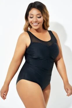 Black Mesh Ruching Tummy Control One Piece Swimsuit -Meetcurve Shop b deop209001 6