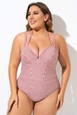 Vintage Red Stripe Underwire One Piece Swimsuit 13 Vintage Red Stripe Underwire One Piece Swimsuit -Meetcurve Shop b deop214001 6