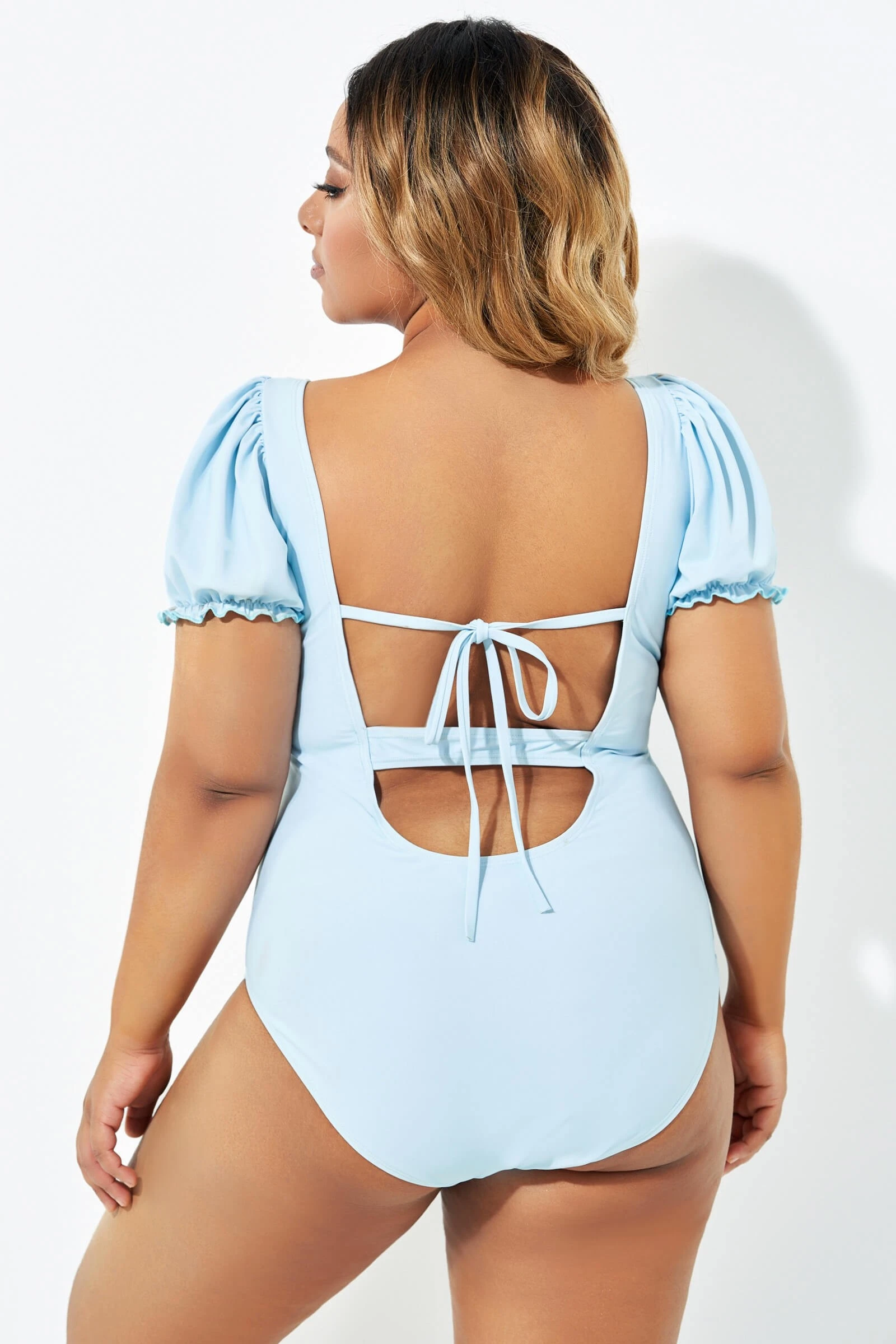 Blue Back Tie Short Sleeve One Piece Swimsuit 4 Blue Back Tie Short Sleeve One Piece Swimsuit - Image 2