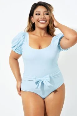 Blue Back Tie Short Sleeve One Piece Swimsuit 10 Blue Back Tie Short Sleeve One Piece Swimsuit -Meetcurve Shop b deop220001 3