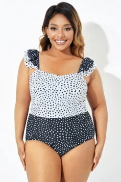 Black & White Polka Dots Ruffles One Piece Swimsuit -Meetcurve Shop b deop223001 3