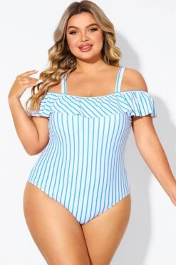 Blue & White Striped Off The Shoulder One Piece Swimsuit -Meetcurve Shop b deop263002 1