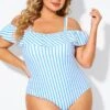 Blue & White Striped Off The Shoulder One Piece Swimsuit 1 Blue & White Striped Off The Shoulder One Piece Swimsuit -Meetcurve Shop b deop263002 3