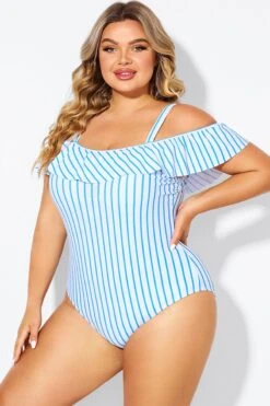 Blue & White Striped Off The Shoulder One Piece Swimsuit -Meetcurve Shop b deop263002 4
