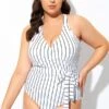 Stripe Print Tie Front Center One Piece Swimsuit -Meetcurve Shop b deop266001 2