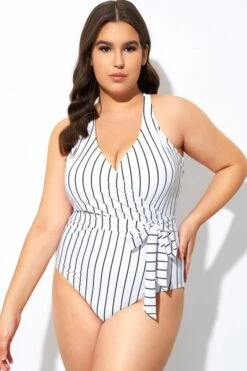 Stripe Print Tie Front Center One Piece Swimsuit