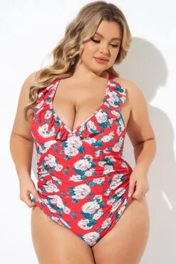 Coral Floral Wireless Ruffle One Piece Swimsuit 12 Coral Floral Wireless Ruffle One Piece Swimsuit -Meetcurve Shop b deop269001 4